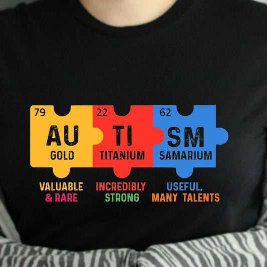 TSHIRT Autism Periodic Table Values - Autism Awareness Unisex Casual Crew Neck Tshirt 100% Cotton