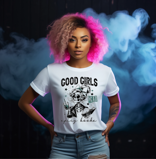 Woman wearing a white t-shirt with a graphic design and text, standing against a dark background with smoke effects.