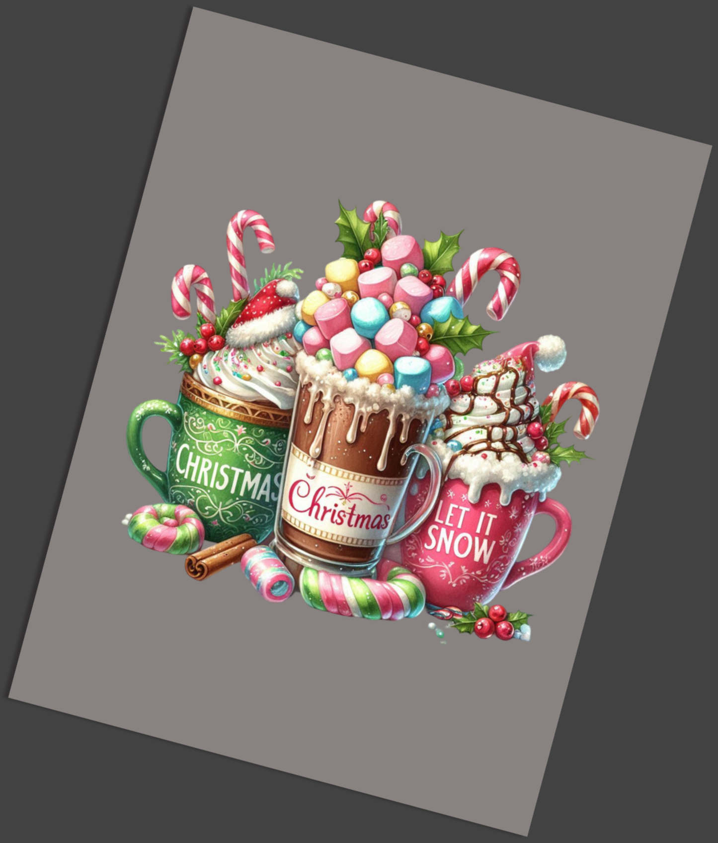 Three festive hot chocolate cups with candy on a grey background Let it snow DTF Transfer