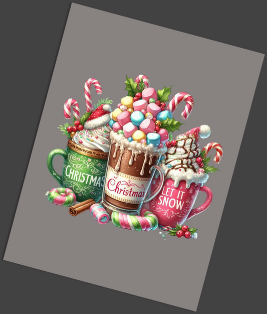Three festive hot chocolate cups with candy on a grey background Let it snow DTF Transfer
