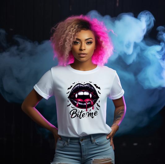 Woman wearing a white t-shirt with a graphic design and text, standing against a smoke-filled background.